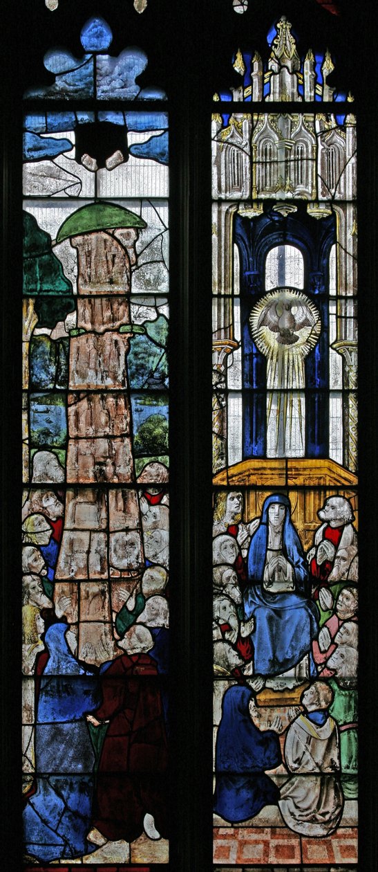 Fenster s5 mit Darstellung der Himmelfahrt und Pfingsten von English School