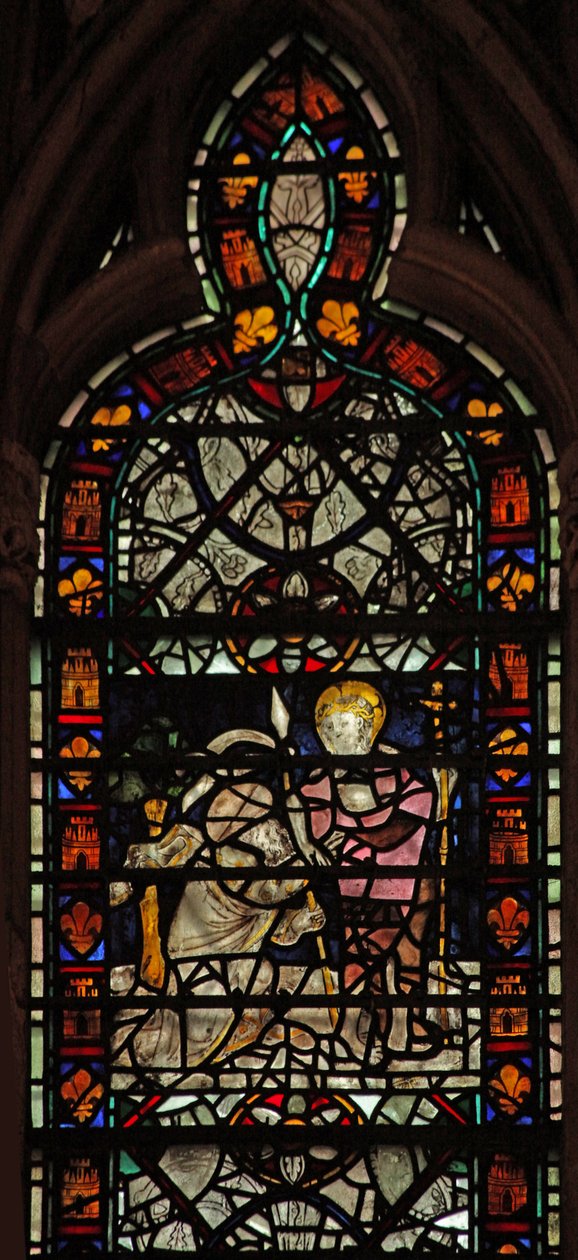 Fenster w58 mit dem ungläubigen hl. Thomas; Grisaille und Rand von English School