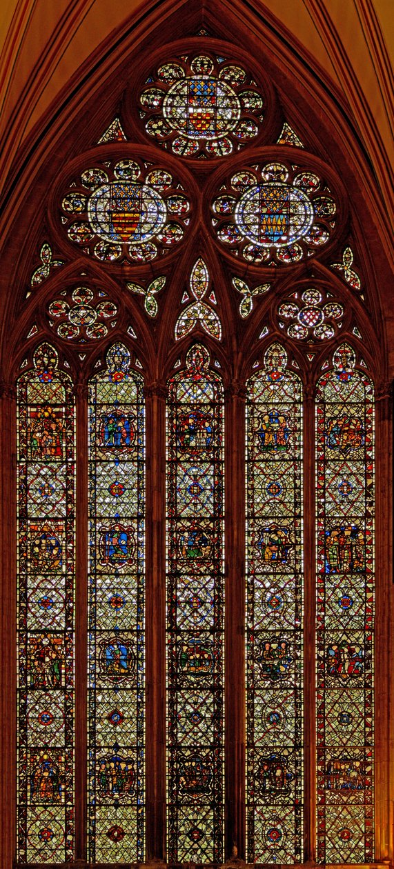 Fenster w61, Darstellung von Szenen aus dem Leben von St. Thomas Becket: auch St. Margareta, St. Nikolaus, St. Johannes der Täufer und St. Edmund von English School