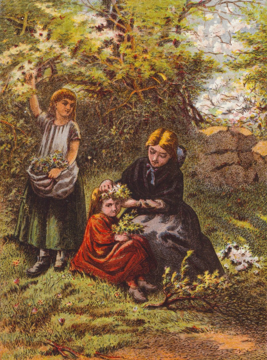 Frau schmückt das Haar eines Mädchens mit Blumen von English School