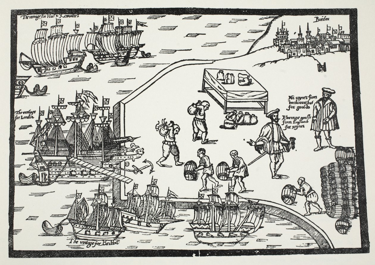 Holzschnitt, der den Weinhandel zwischen Bordeaux und England illustriert von English School