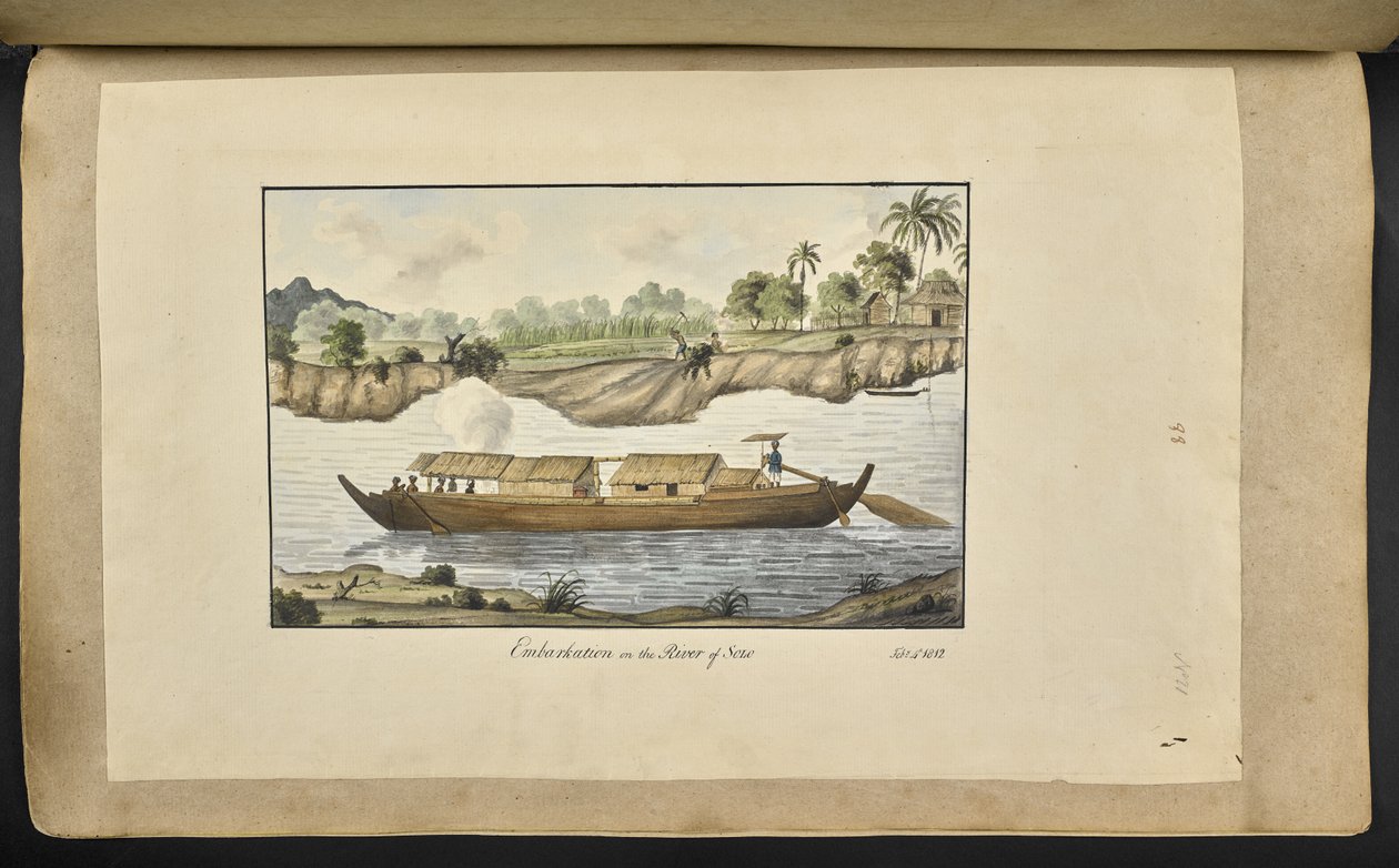 Ein Boot auf dem Fluss Solo (Surakarta, Zentraljava). 4. Februar 1817. Beschriftet auf der Vorderseite: 