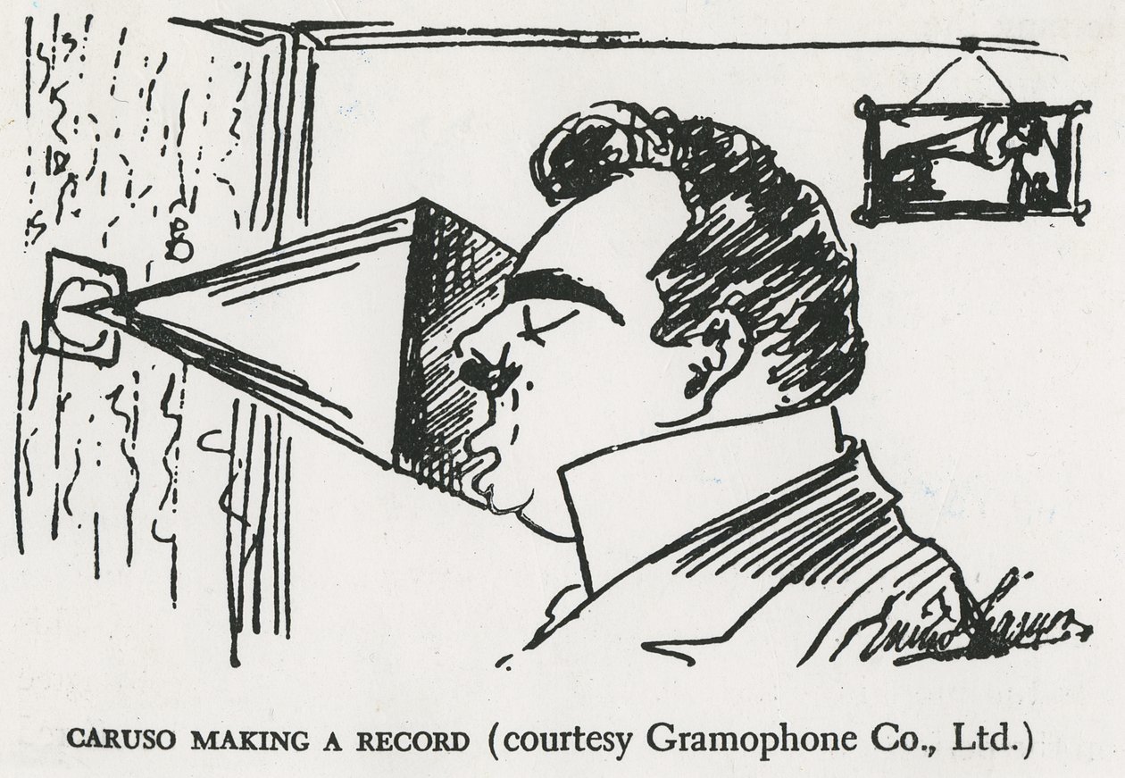 Caruso macht seine erste Grammophonaufnahme, 1902 (Zeichnung) von Enrico Caruso