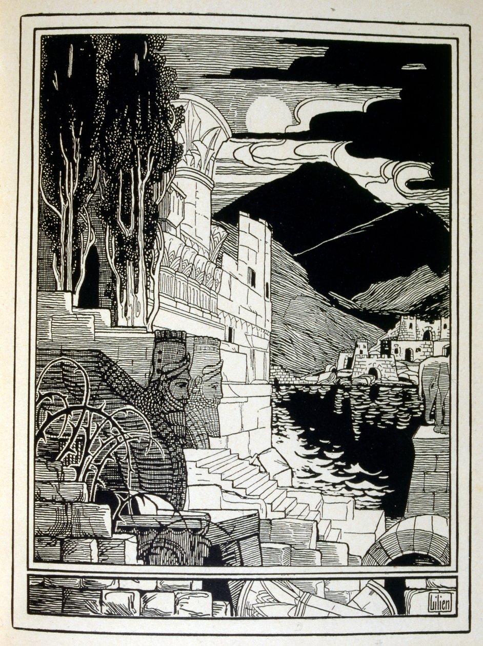 Die Ruinen von Sodom, aus dem Buch Juda illustriert von Ephraim Moses Lilien (1874-1925). Lilien gilt als Vater der zionistischen Ikonographie, geschaffen im Jugendstil. Er illustrierte 
