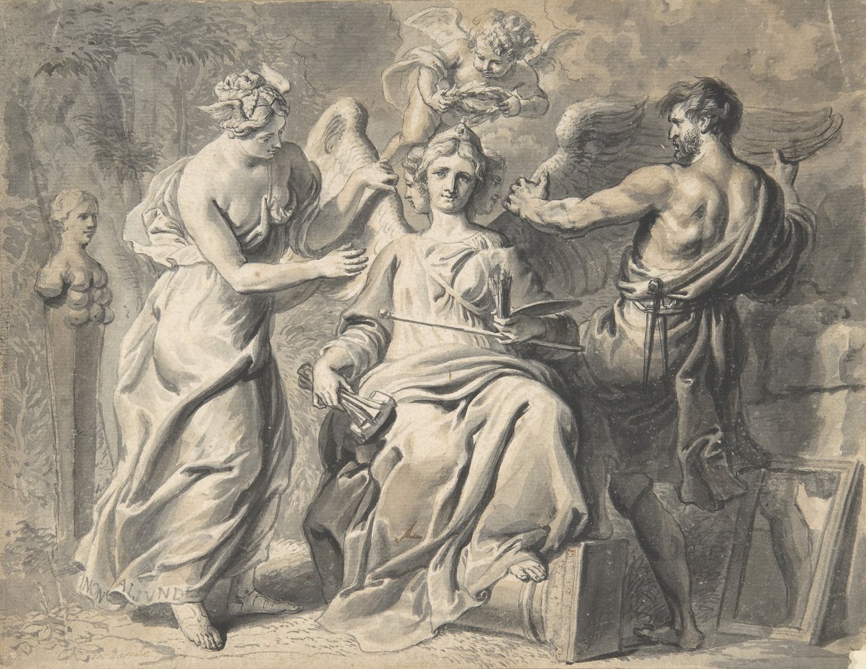 Eine Allegorie der Künste mit Isis und Geometrie, die der dreiköpfigen Figur beiwohnen, 17. Jahrhundert von Erasmus Quellinus