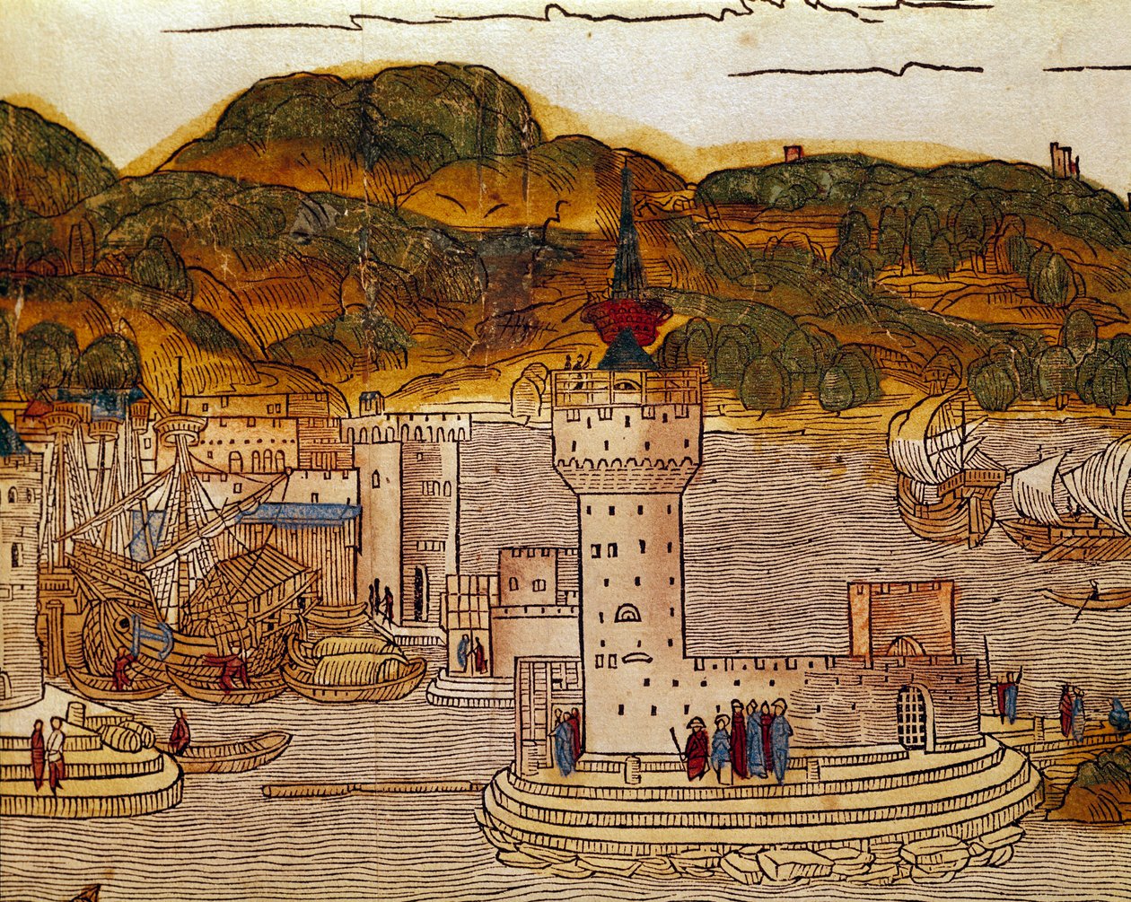 Ansicht des Hafens von Candie (heutiges Heraklion) auf Kreta. Seite aus dem Reisebuch „Peregrinatio in terram sanctam“ nach der Pilgerreise ins Heilige Land von Bernard de Breydenbach (Breidenbach) (1454-1497), illustriert durch Stiche von Erhard Reuwich. von Erhard Reuwich
