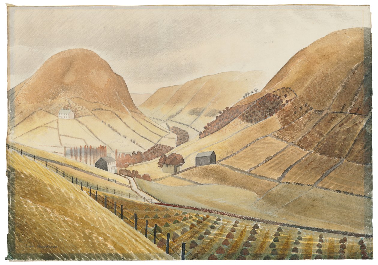 Getreidehocken und Bauernhöfe - Hill Farm, Capel-y-ffin, Wales von Eric Ravilious