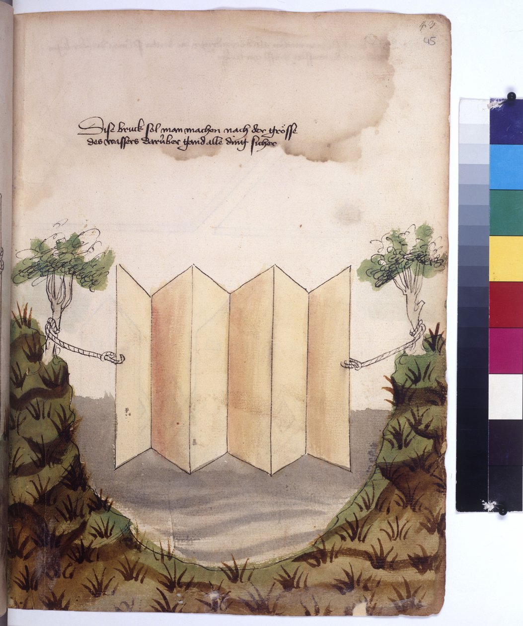 Ganzseitig: Gegengewichtbrücke, um 1430 (farbige Federzeichnung) von Erich Lessing