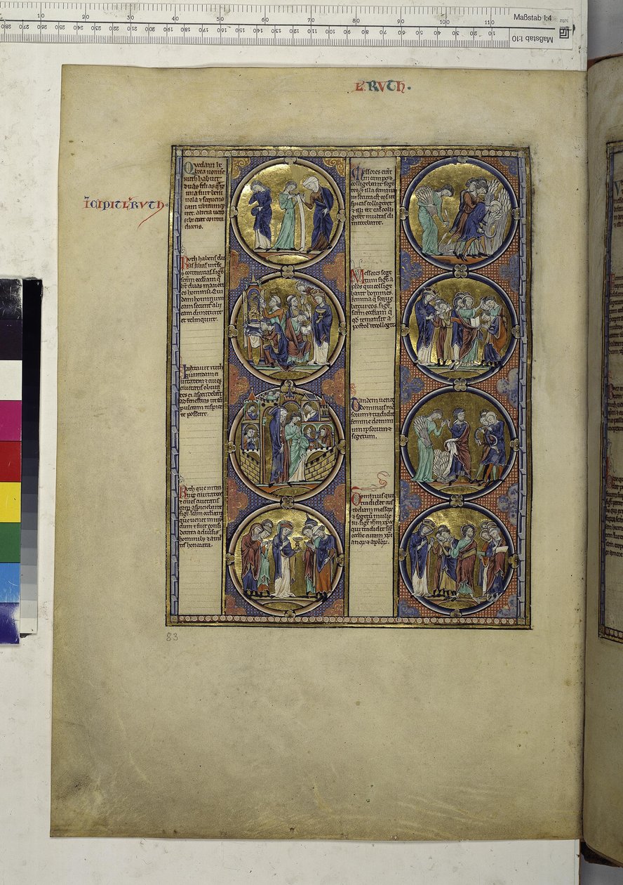 Vollseite: Acht Medaillons mit Miniaturen und begleitet von Text, um 1225-1250 von Erich Lessing