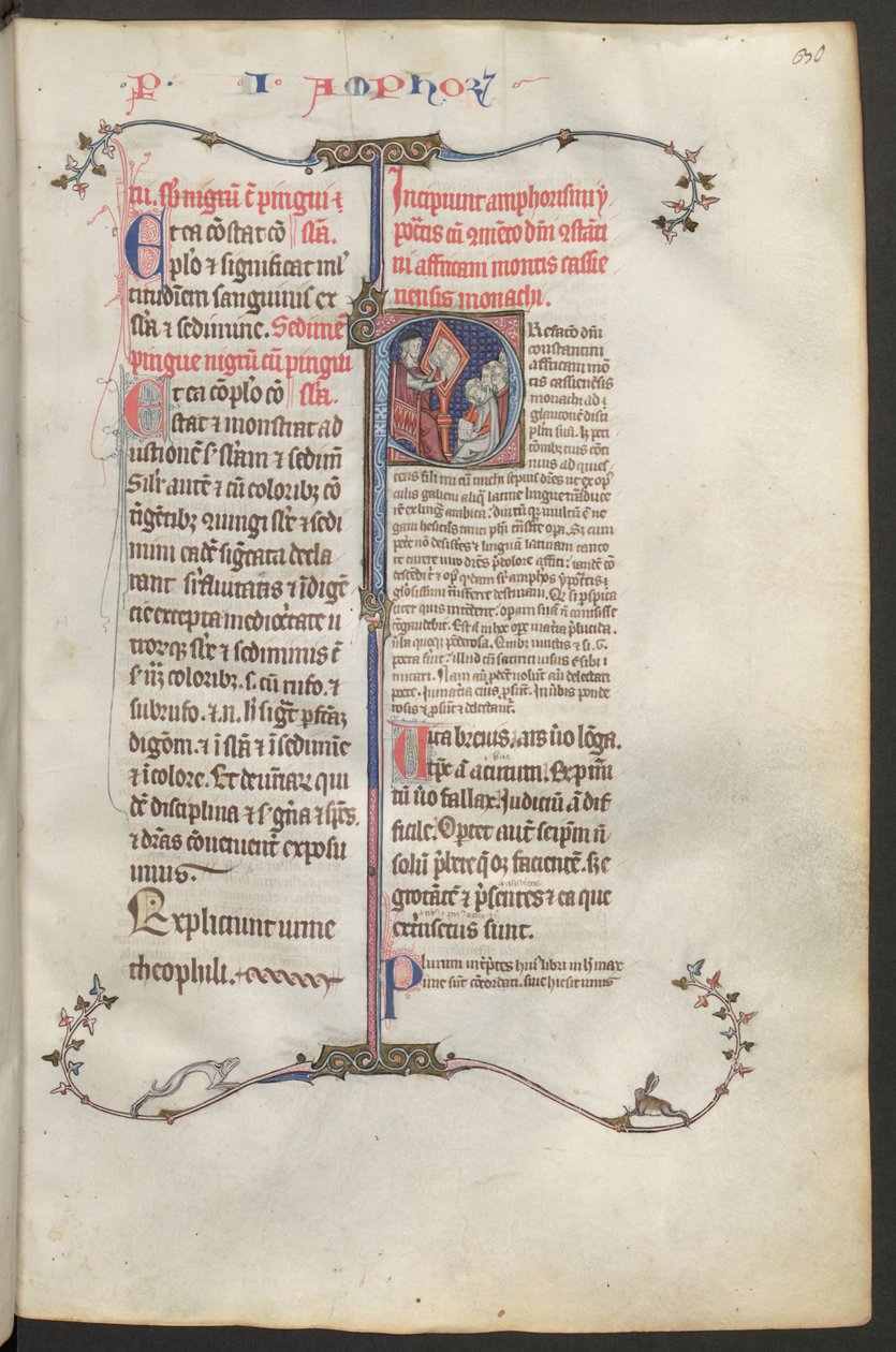 Ganzseitig: Text und historiierte Initiale: links sitzt der Kommentator Constantinus Africanus von Montecassino von Erich Lessing