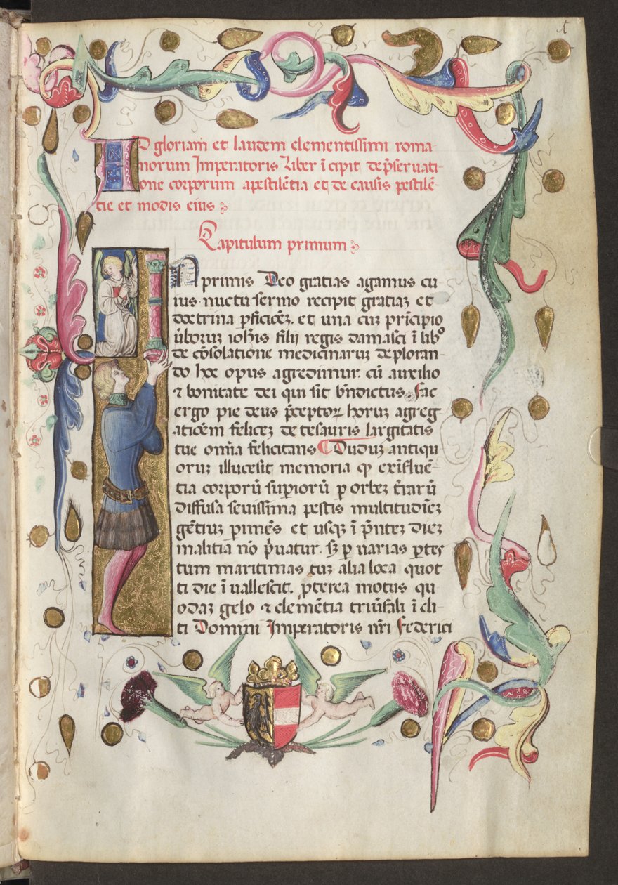 Vollseite: Text, Initiale und Ranken mit den Wappen von Friedrich III unten von Erich Lessing