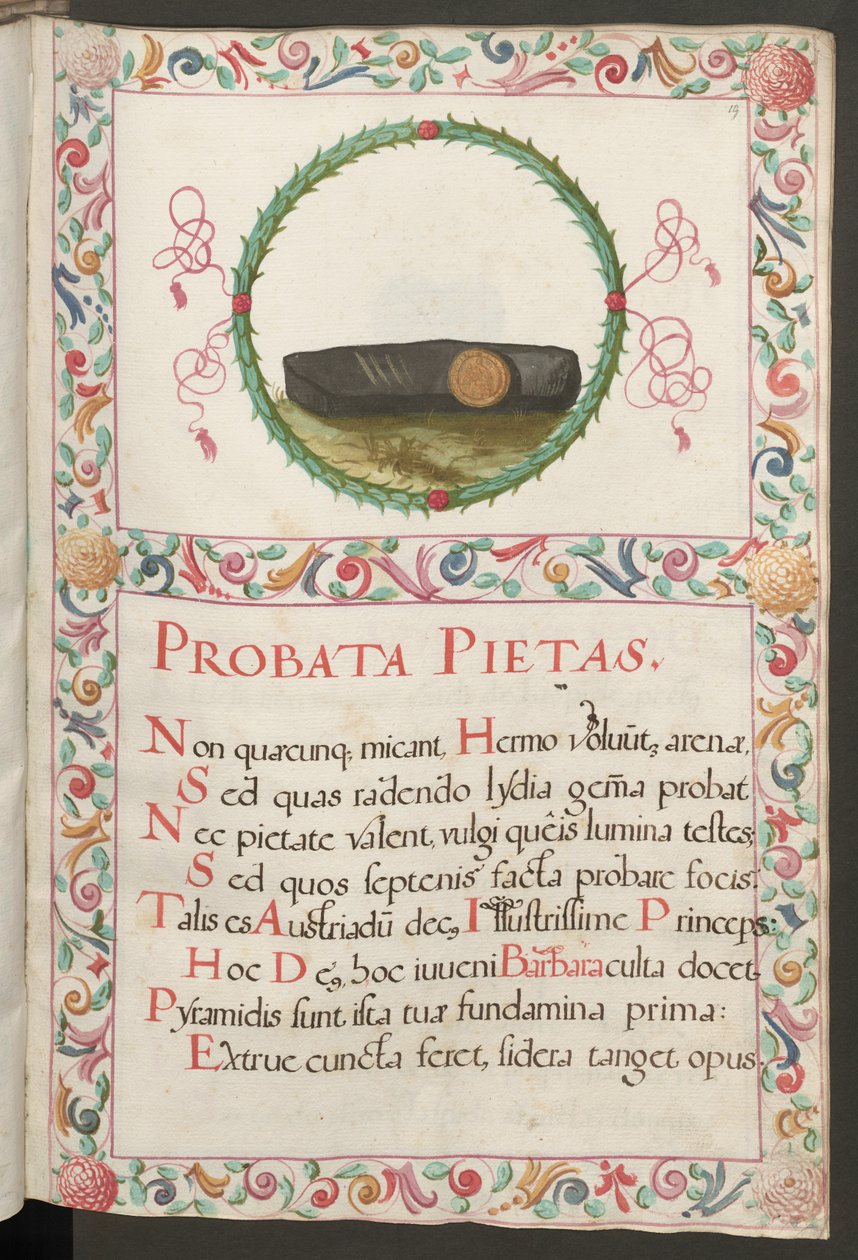 Vollseite: Text mit figürlichem Medaillon und dekorativem Rahmen von Erich Lessing