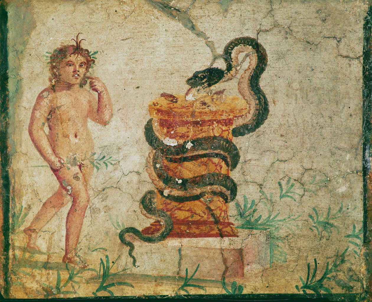 Harpokrates steht neben einem Altar, umgeben von einer Schlange von Erich Lessing