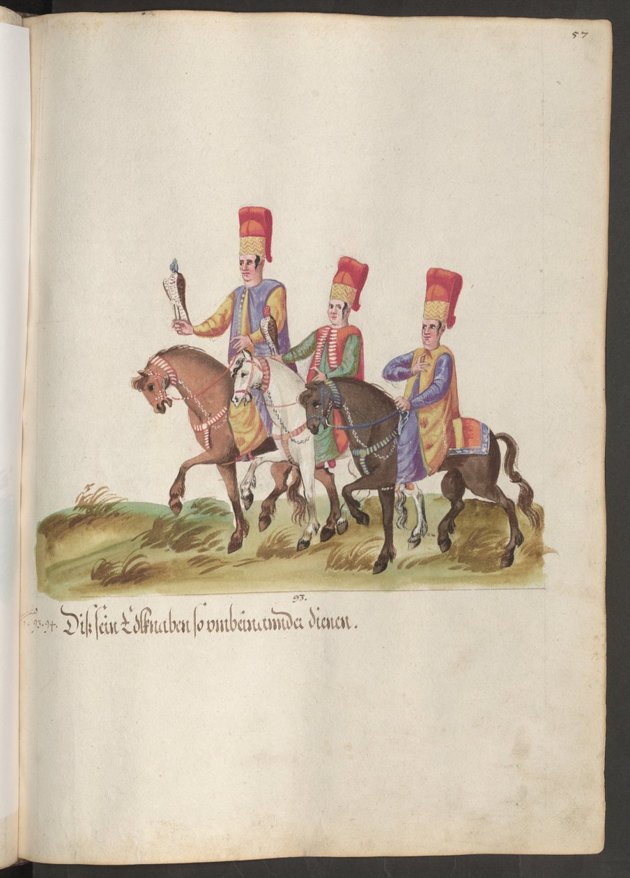 Der Hof eines Paschas und Sultans: Drei Knappen zu Pferd, zwei mit Falken von Erich Lessing