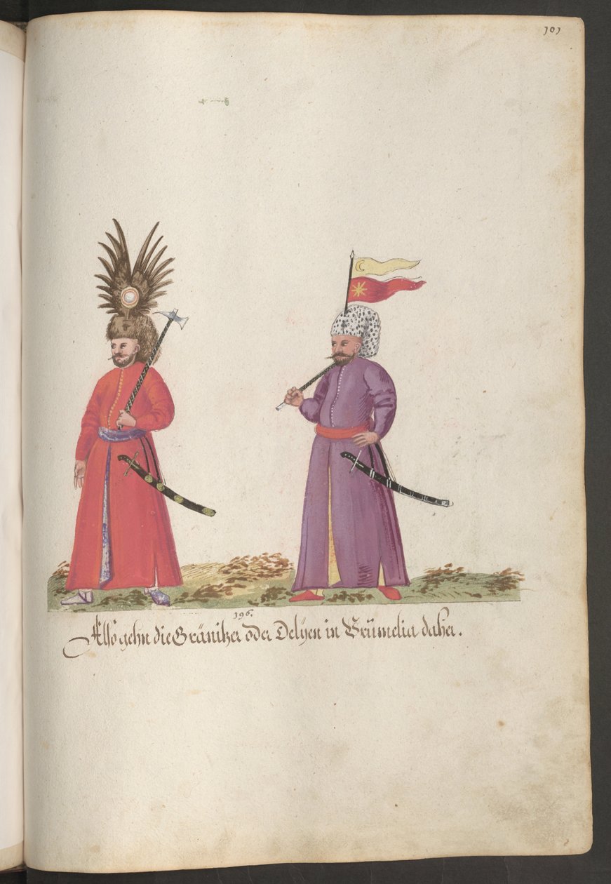 Zwei türkische Grenzsoldaten mit Kopfschmuck, Streitäxten und Säbeln. von Erich Lessing