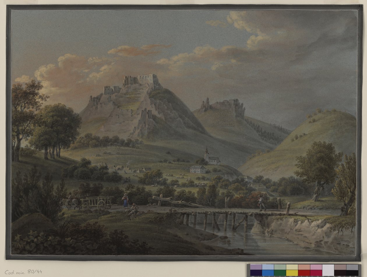 Ansicht der Burg Sirok, Ungarn, Heves Bezirk; Gouache von Franz Jaschke von Erich Lessing