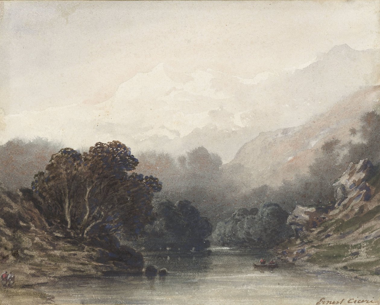 Bergsee im Schatten dunkler Bäume, dahinter helle Hügel und Schneegipfel von Ernest Cicéri
