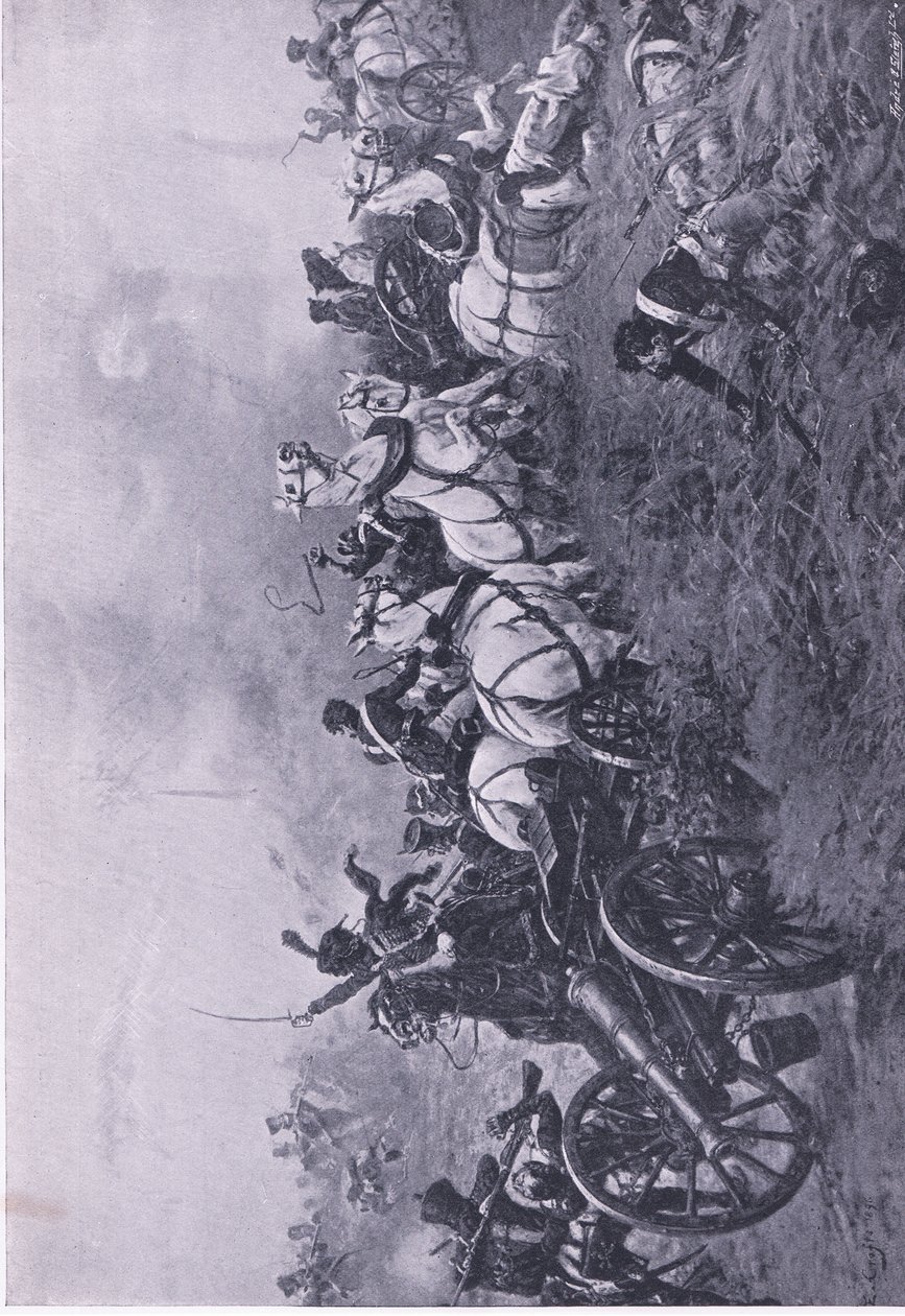 Eroberung der französischen Batterie durch das 52. Oxfordshire Leichte Infanterieregiment bei Waterloo am 18. Juni 1815, Illustration aus Britische Schlachten zu Land und zu Wasser, 1915 von Ernest Crofts