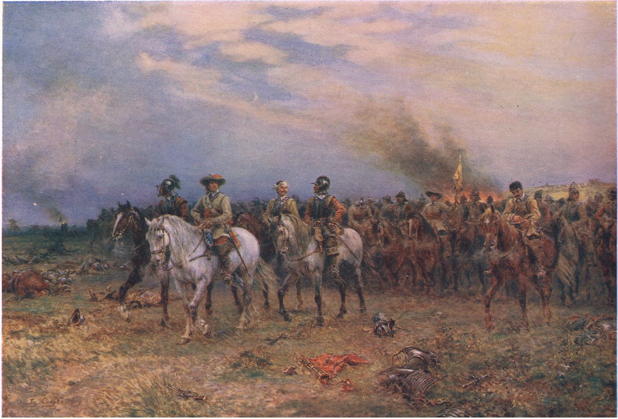 Cromwell bei Marston Moor, aus Cassells Geschichte des britischen Volkes, veröffentlicht von der Waverley Book Company Limited, ca. 1940 von Ernest Crofts