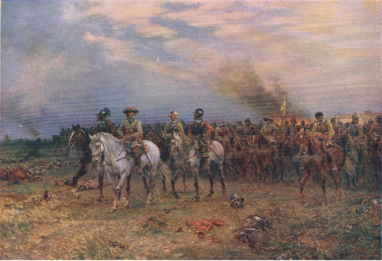 Cromwell bei Marston Moor, Illustration aus Die Geschichte des britischen Volkes, veröffentlicht von Waverley, ca. 1940 von Ernest Crofts
