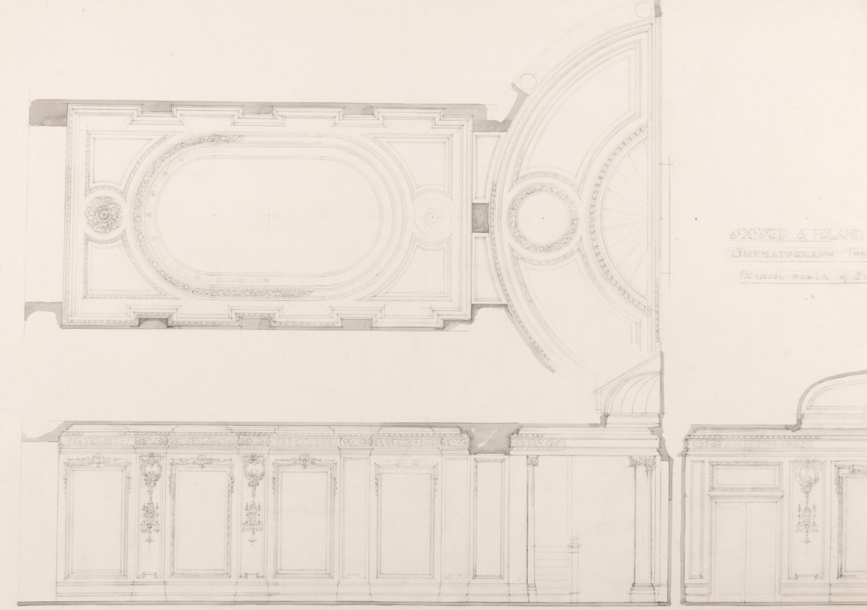 Entwürfe für das Innere des Oxford und Poland Street Kinematographentheaters: Decke und Rückwand des Auditoriums, ca. 1910 von Ernest George William Souster