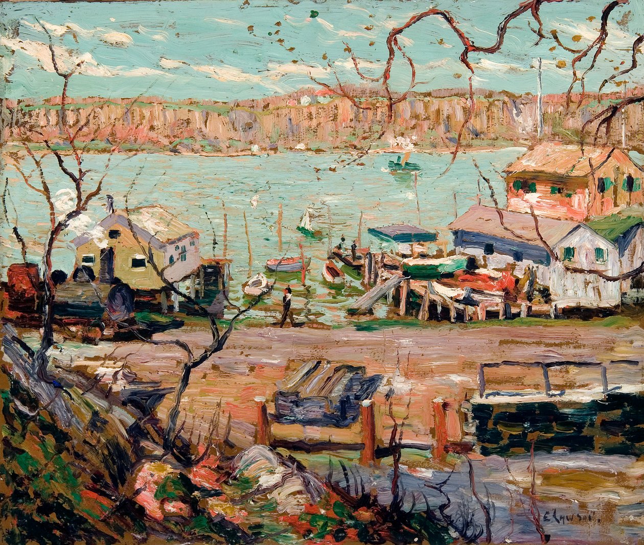 Flusslandschaft – Boote und Häuser von Ernest Lawson