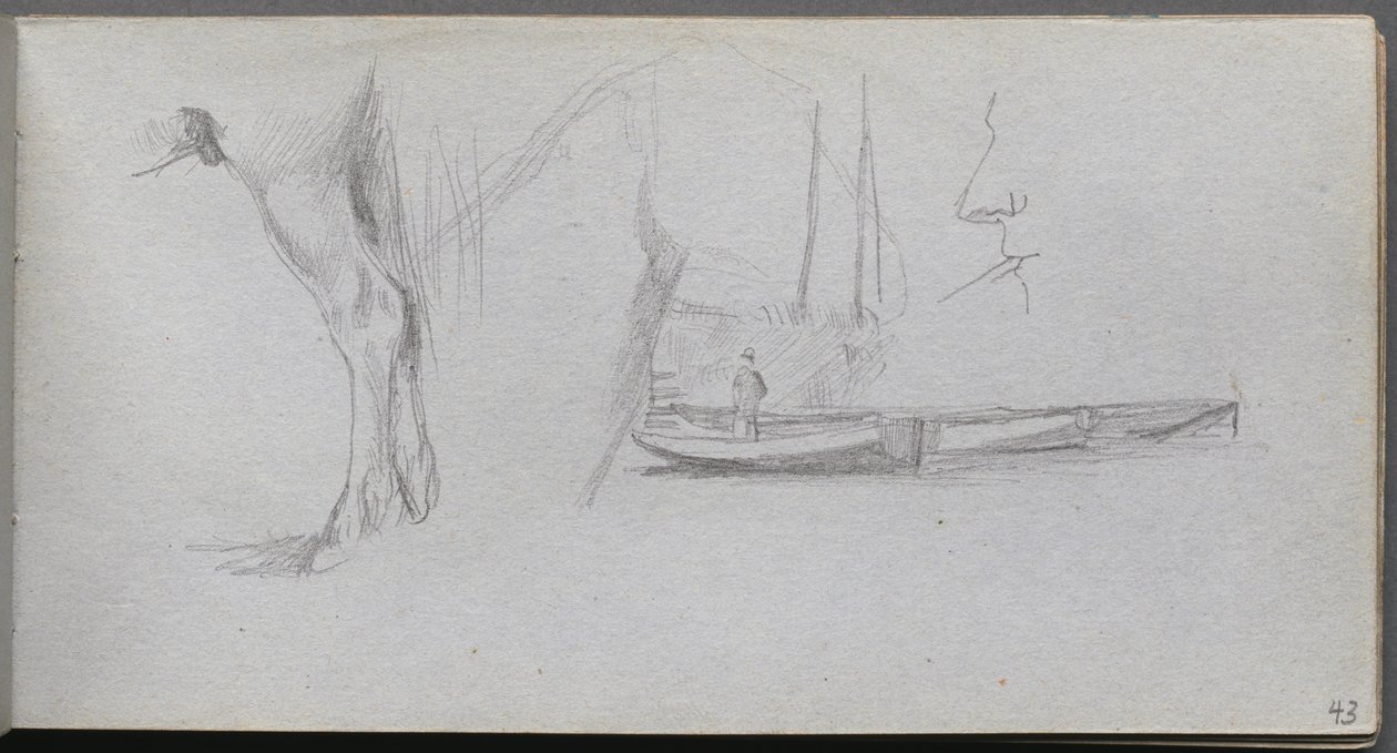 Skizzenbuch, Seite 43: Studien: Pferdebein, Figur in einem Boot und Profil von Ernest Meissonier