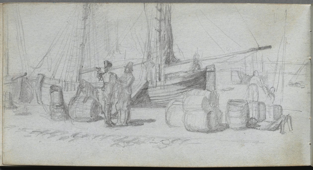 Skizzenbuch, Seite 50: Boote, Figuren, Fracht am Strand von Ernest Meissonier