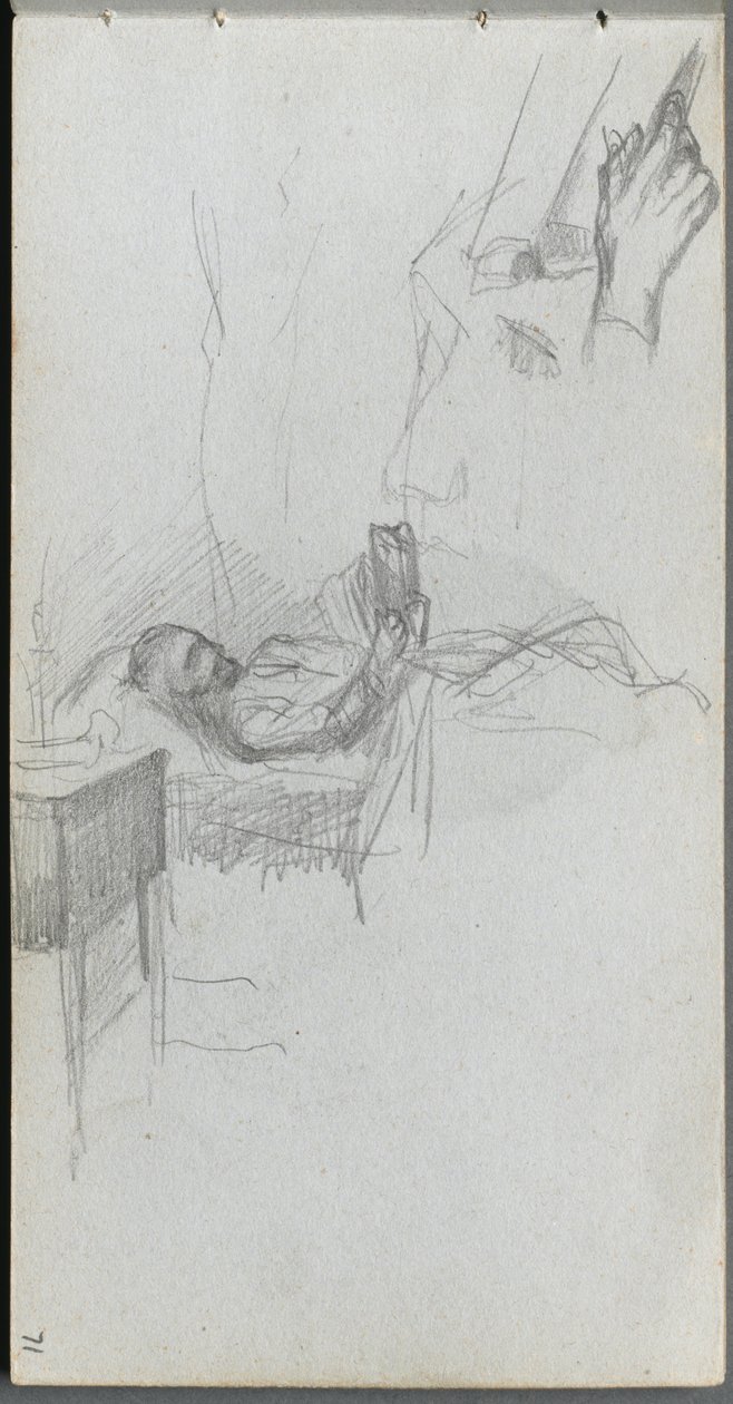 Skizzenbuch, Seite 71: Studie einer Figur, die im Bett liest, Studie einer Hand von Jean Louis Ernest Meissonier