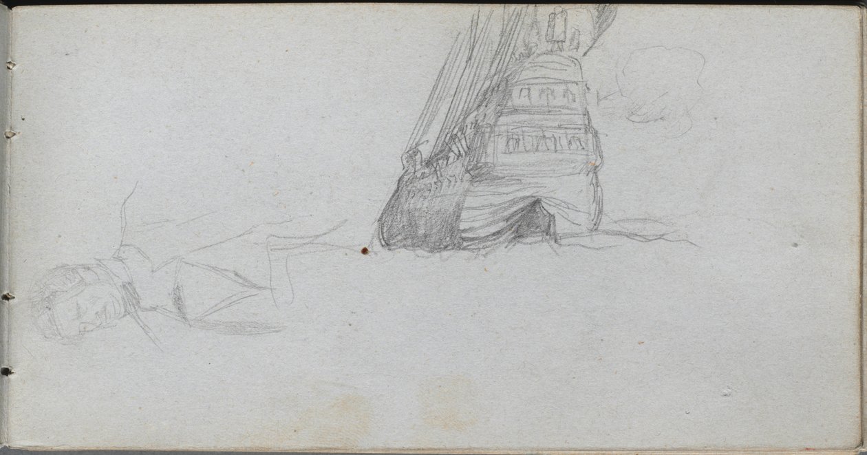 Skizzenbuch, Seite 84: Figurenstudie, Studie eines Schiffes von Jean Louis Ernest Meissonier