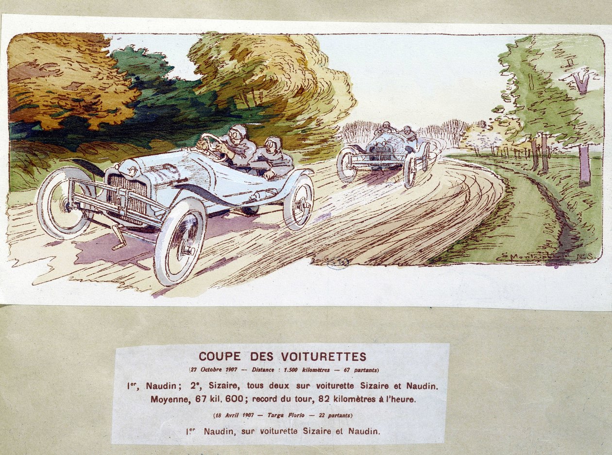 Autorennen: Kutschenrennen im Jahr 1907 - Zeichnung von Ernest Montaut (1878-1909) von Ernest Montaut