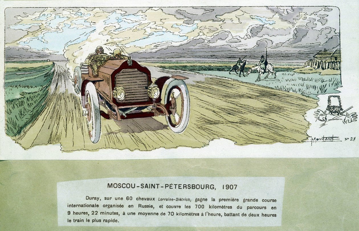 Autorennen: Moskau - St. Petersburg, um 1900, Zeichnung von Ernest Montaut (1878-1909) von Ernest Montaut