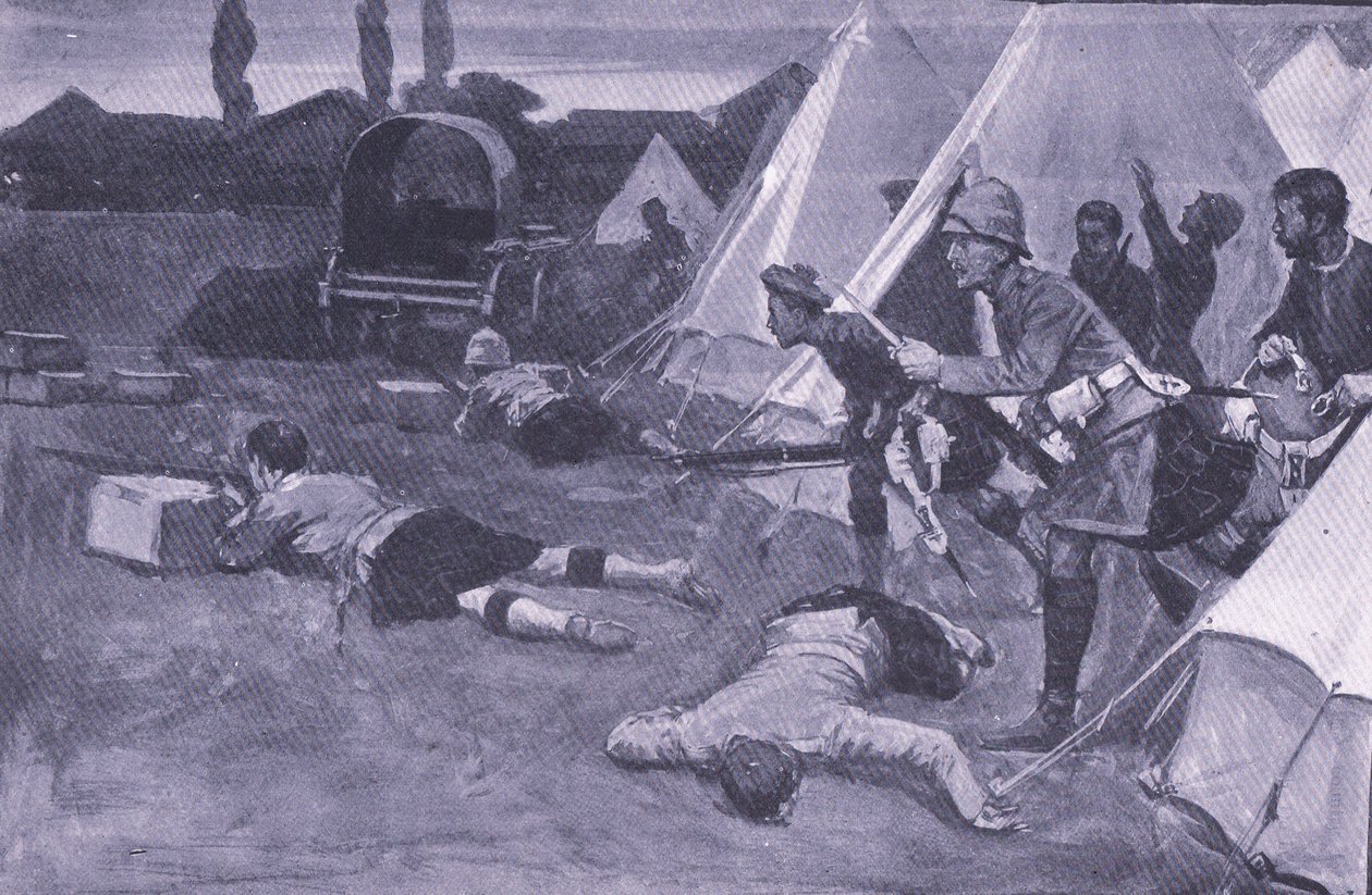 Der Angriff auf das britische Lager auf dem Marktplatz von Jacobsdal, Illustration aus After Pretoria: The Guerilla War, 1902 von Ernest Prater