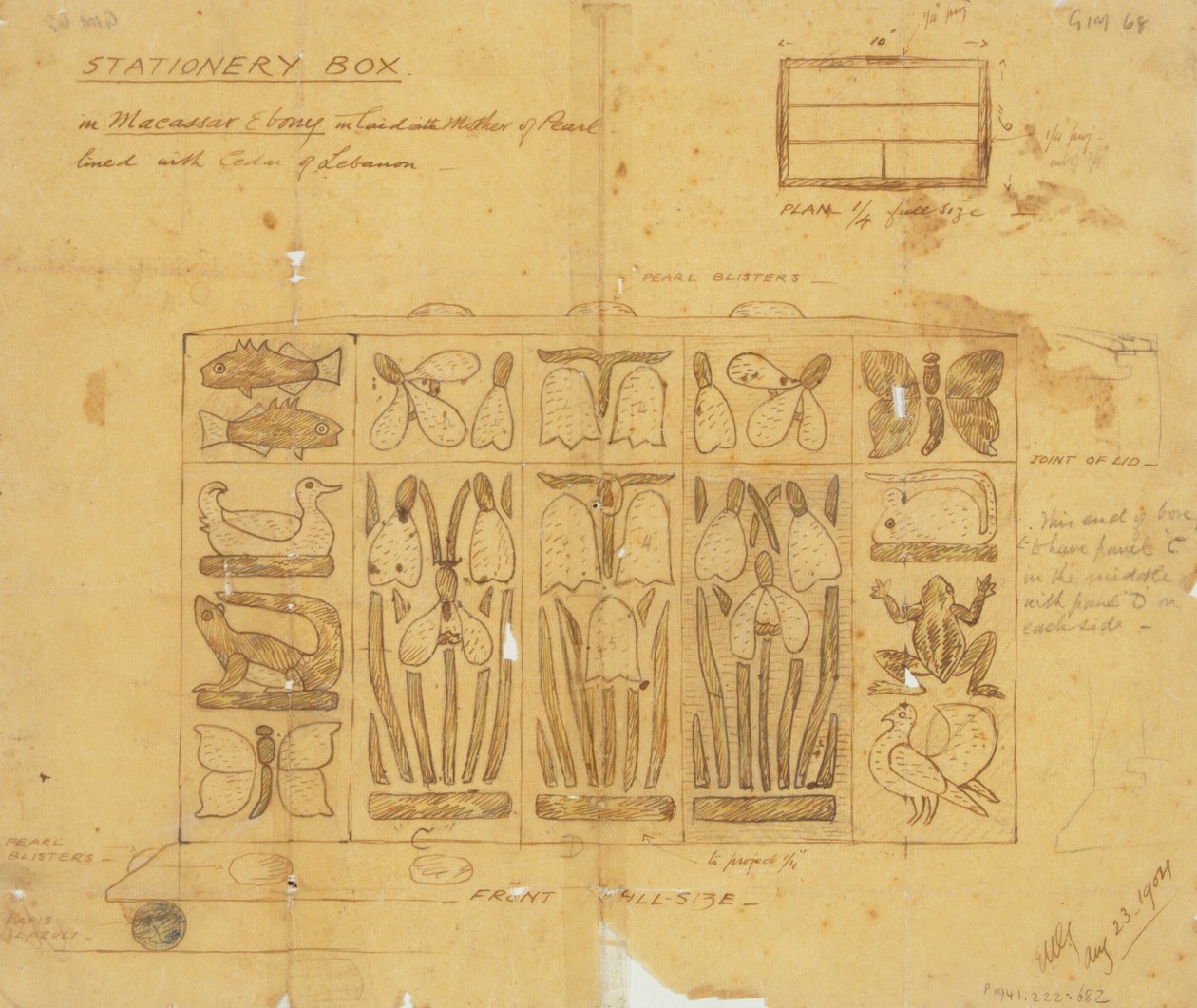 Entwurf für eine Schreibwarenbox aus Makassar-Ebenholz, eingelegt mit Perlmutt, 1904 von Ernest William Gimson