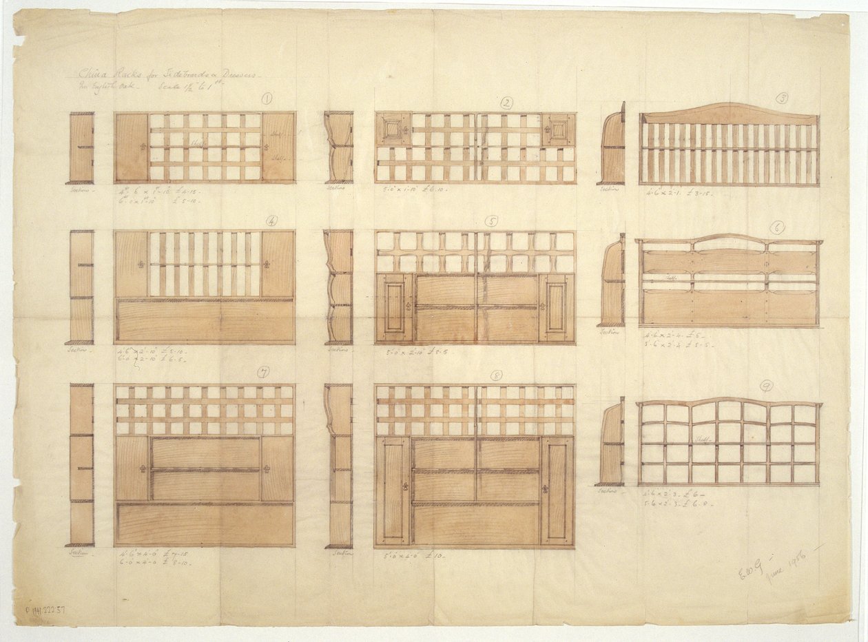 Entwürfe für Geschirrschränke, Anrichten und Kommoden aus englischer Eiche, 1906 von Ernest William Gimson
