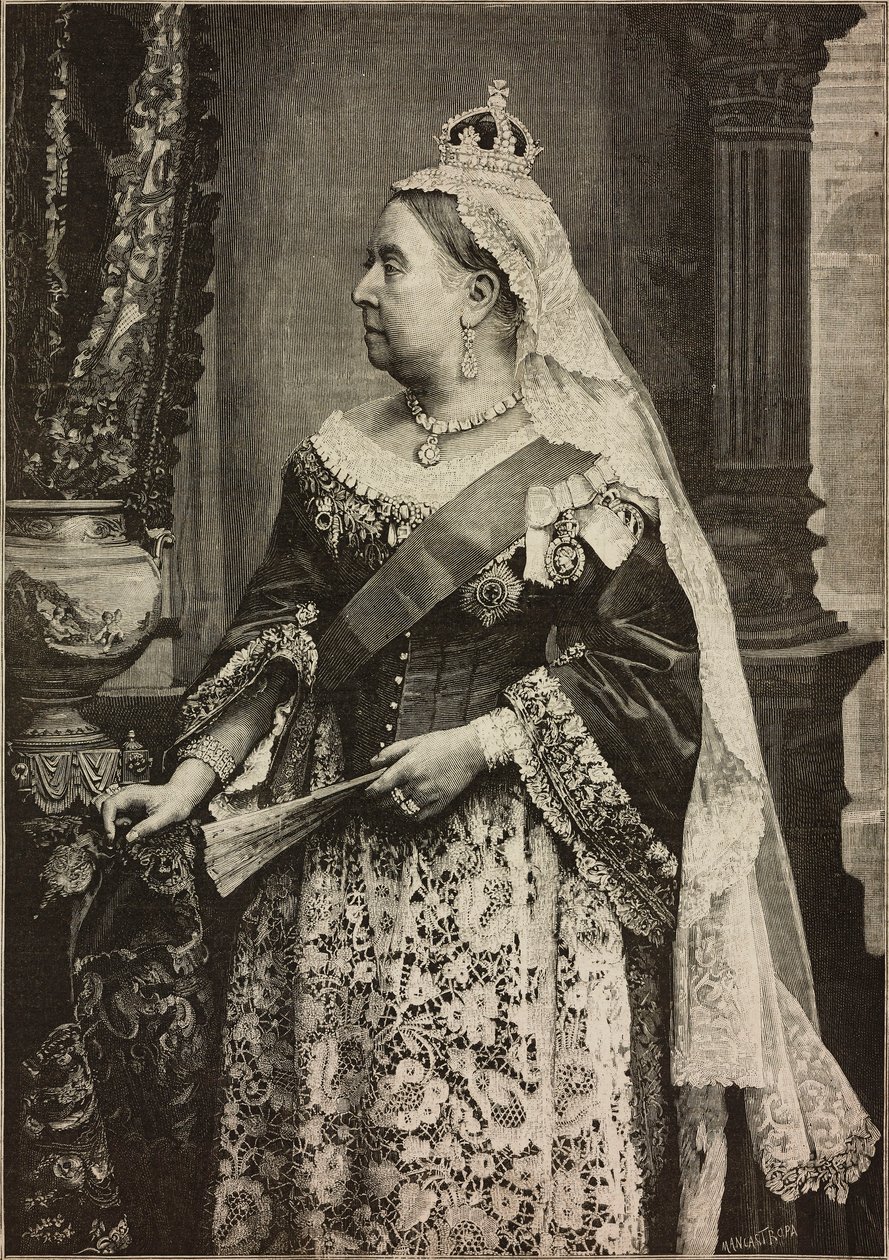 Ihre Majestät Königin Victoria bei der Feier des 50. Jahrestages ihrer Krönung, Gravur von Ernesto Mancastroppa nach einem Foto von Walery, aus L