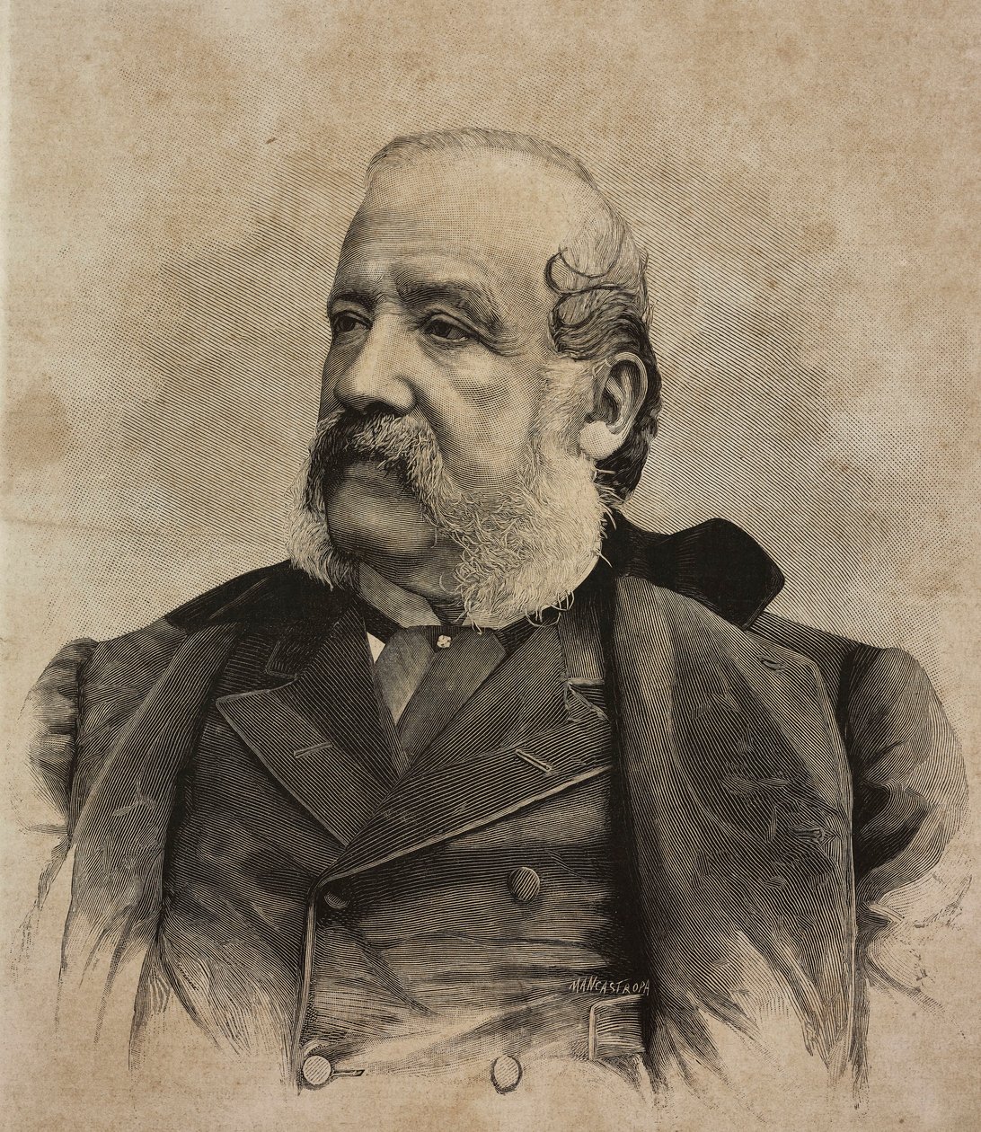 Porträt von Gerolamo Induno, italienischer Maler, Gravur von Ernesto Mancastropa nach einem Foto von Guigoni und Bossi, aus L