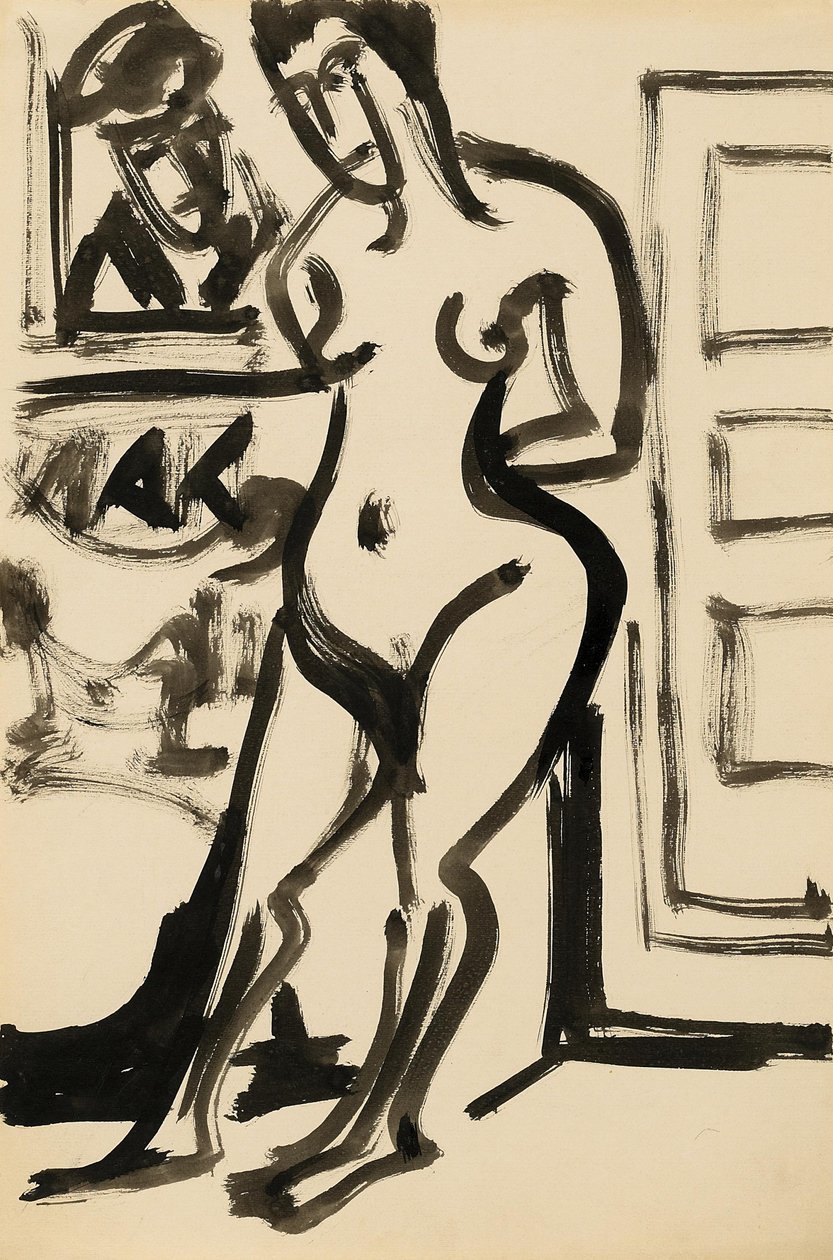 Stehender Akt vor Bild im Atelier von Ernst Ludwig Kirchner