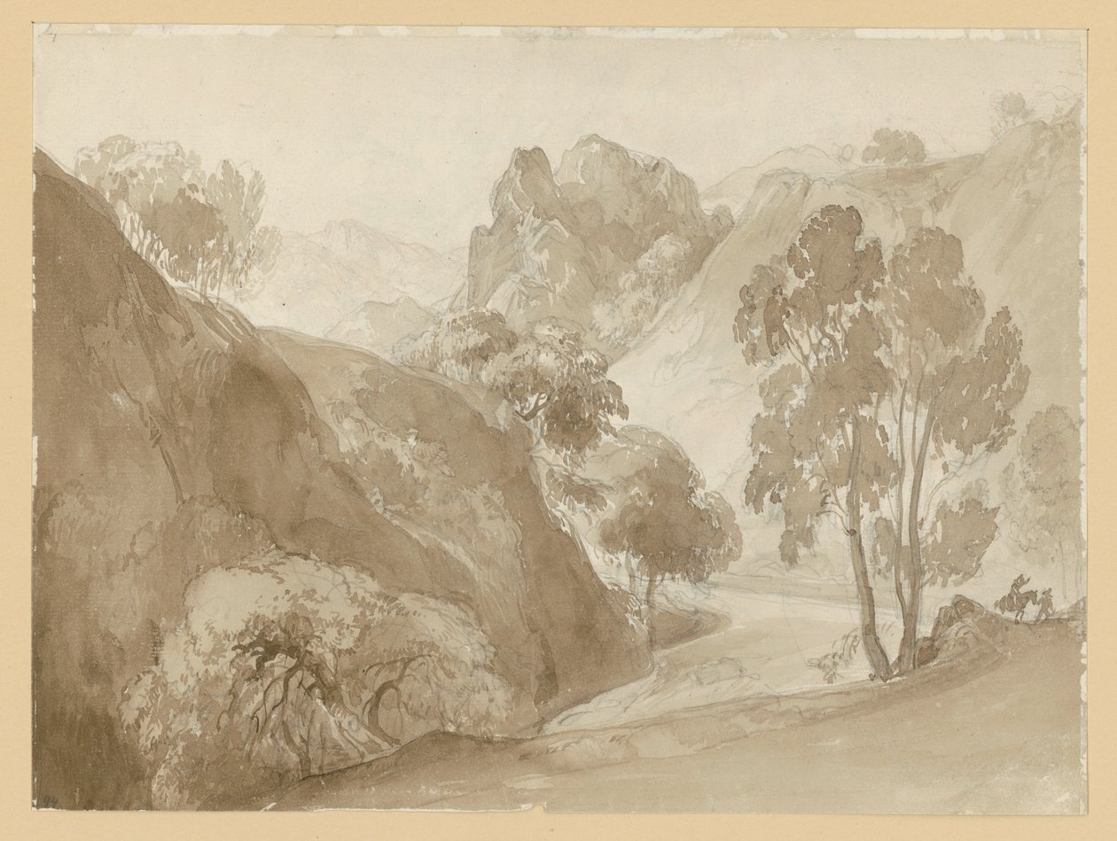 Flusstal und Gebirgslandschaft, auf dem Weg figürliche Staffage von Ernst Fries