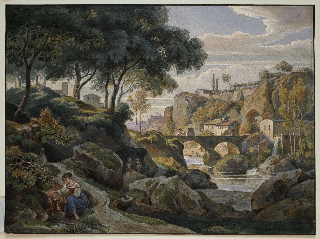 Italienische Gebirgslandschaft mit steinerner Brücke von Ernst Fries