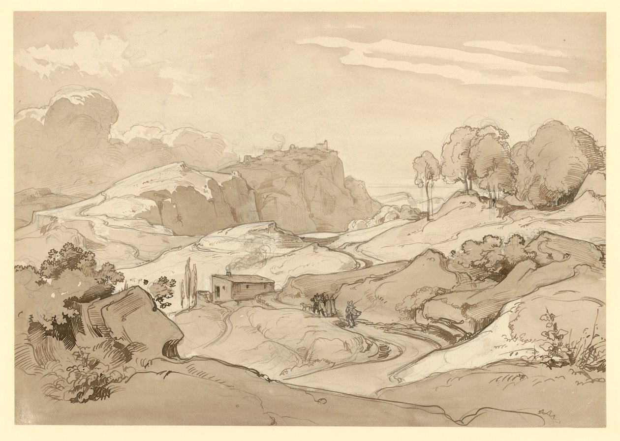 Italienische Landschaft mit Felsenhügeln und Bäumen, am Weg eine Hütte und figürliche Staffage von Ernst Fries