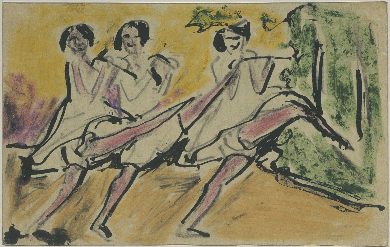 Drei Tänzerinnen (Postkarte an Otto und Maschka Mueller) von Ernst Ludwig Kirchner