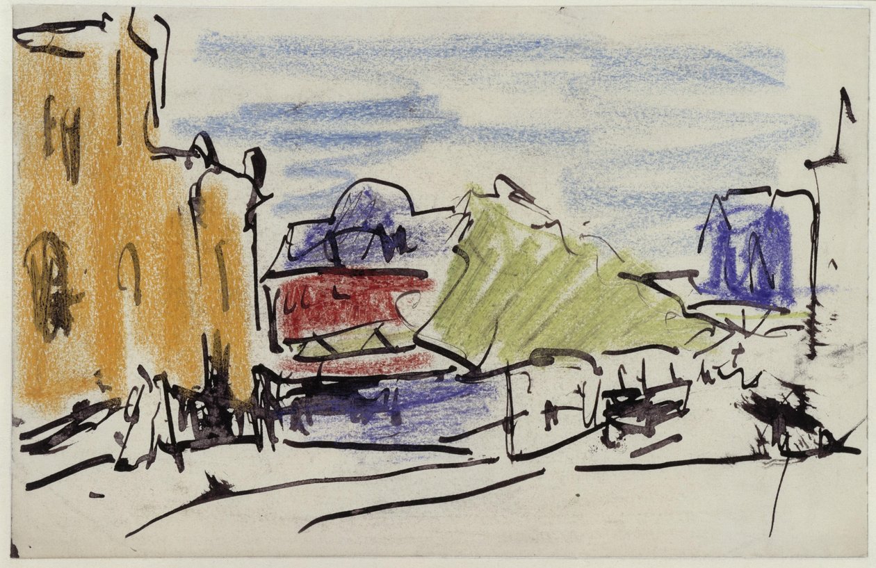 Flusslandschaft mit Häusern und Fußgängerbrücke von Ernst Ludwig Kirchner