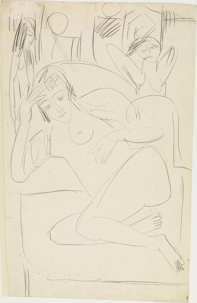 Im Sessel kauernder weiblicher Akt mit Holzfiguren von Ernst Ludwig Kirchner