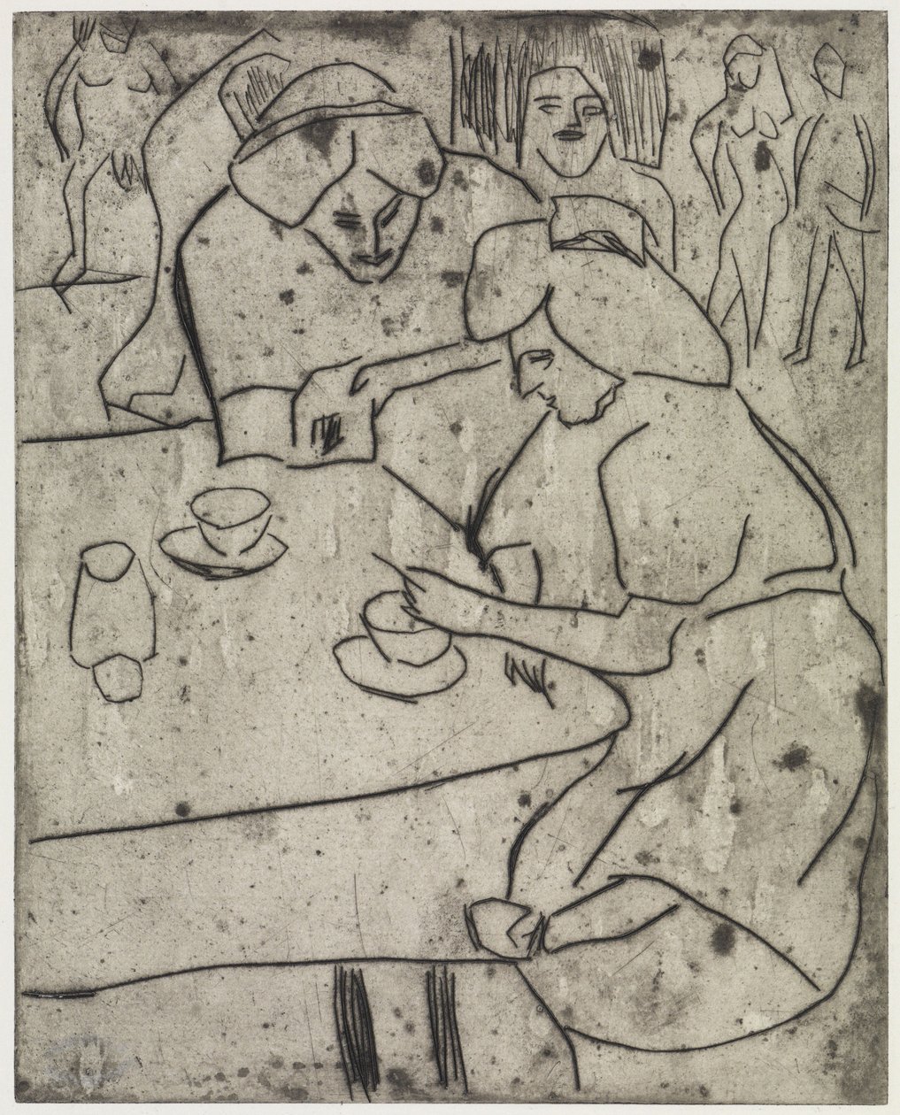 Mädchen, einer anderen den Bauch frottierend / Mädchen am Kaffeetisch von Ernst Ludwig Kirchner