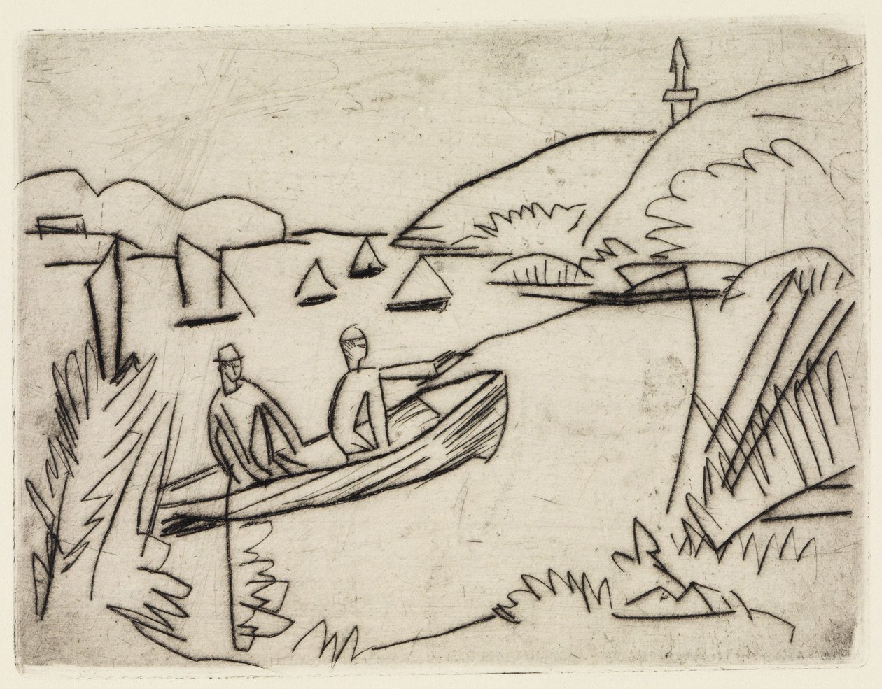 Zwei Badende an den Moritzburger Teichen/Angler im Boot auf dem Müggelsee von Ernst Ludwig Kirchner