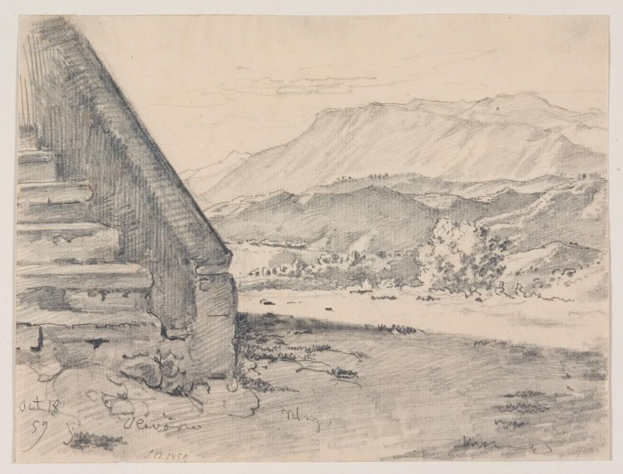 Aussicht mit einer Treppe links und rechts Blick auf eine Berglandschaft von Ernst Meyer
