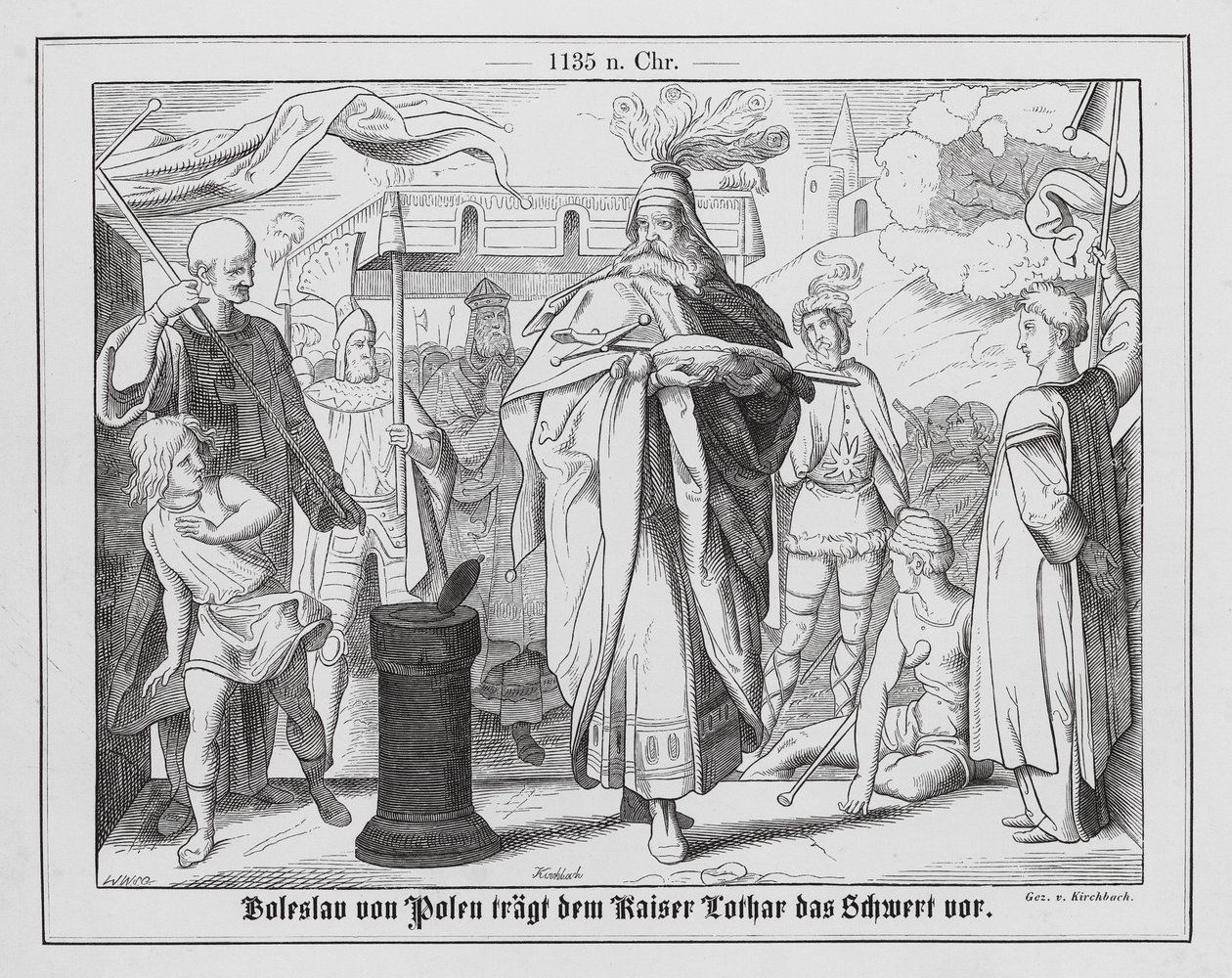 Herzog Boleslaw III. von Polen trägt das kaiserliche Schwert auf dem Kongress von Merseburg mit dem Heiligen Römischen Kaiser von Ernst Sigmund Kirchbach
