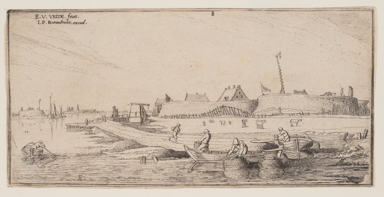Fischer in Ruderbooten vor einer ummauerten Stadt, aus Landschaften von Esaias van de Velde