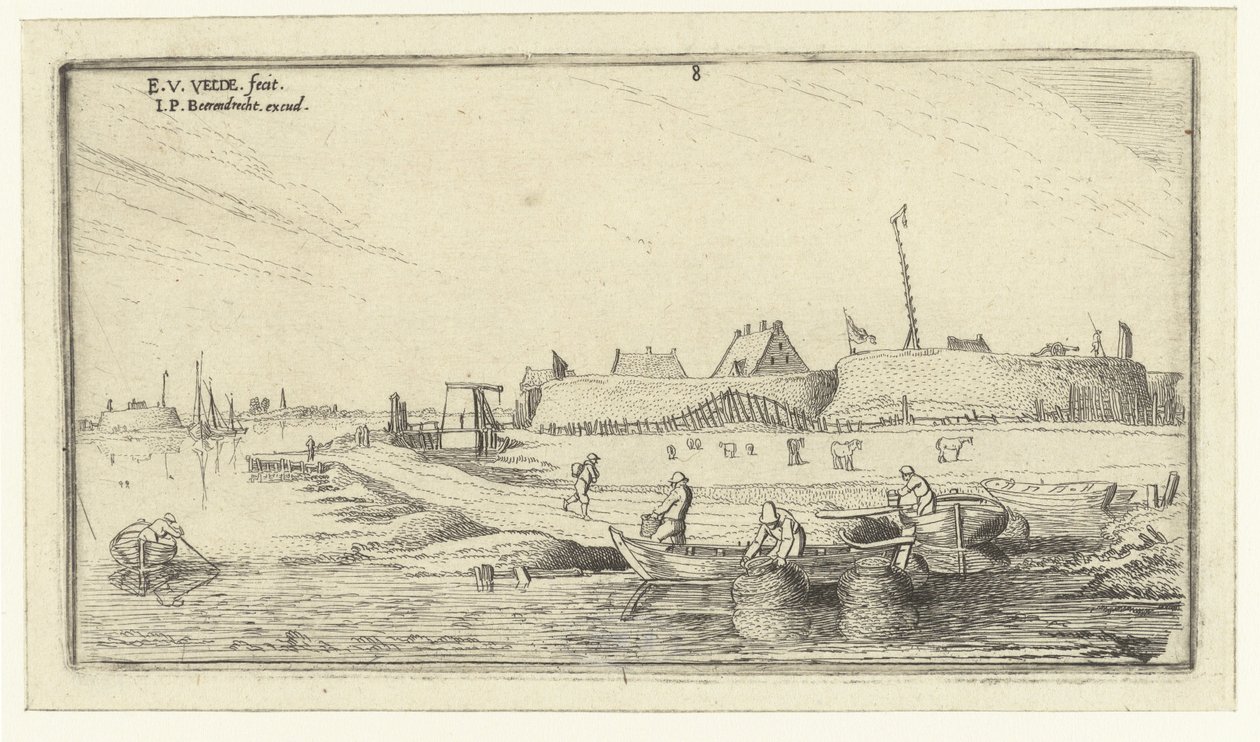 Ruderboote mit Fischern vor einer Festung an der Schelde von Esaias van de Velde